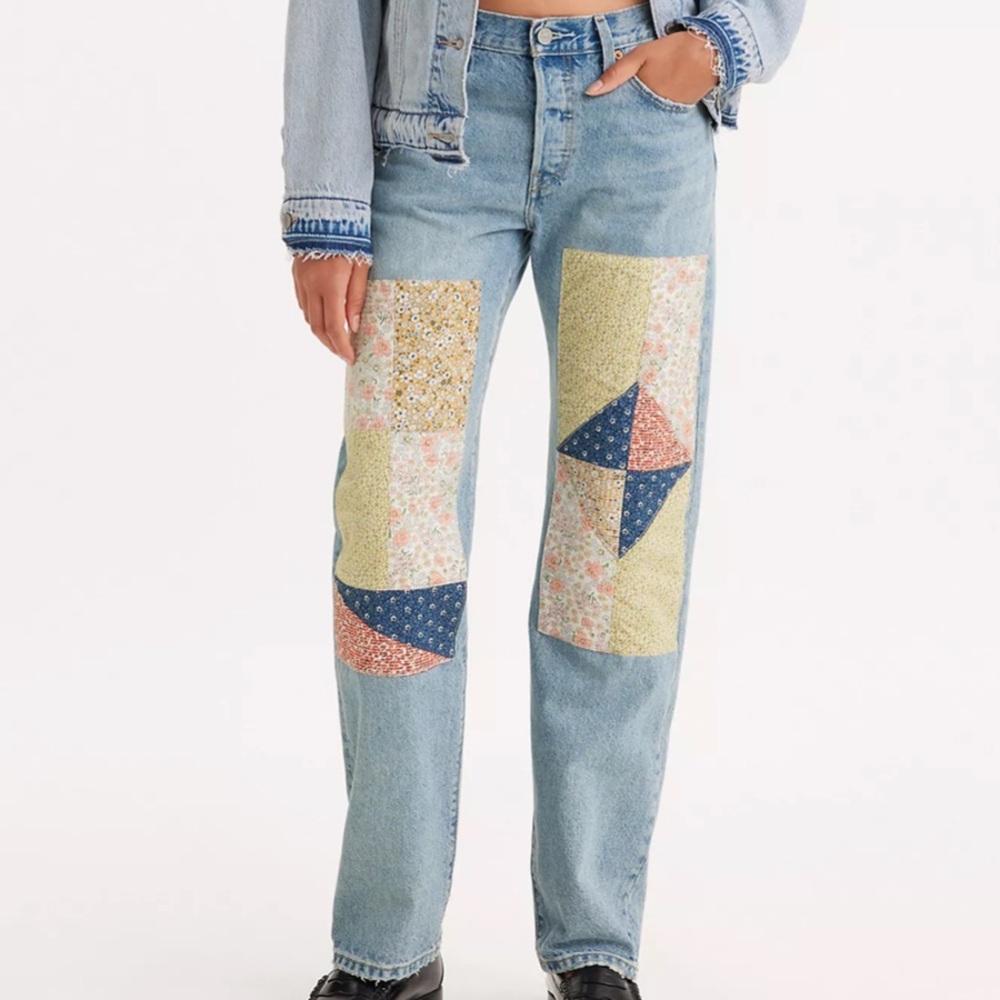 Levi's Light Blue Straight Leg Jeans with Patchwork Panels